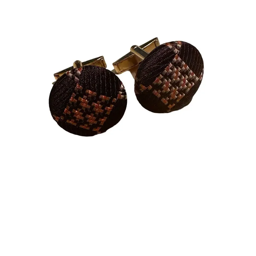 Vintage 70s Brown Fabric Dark Academia Cuff Links